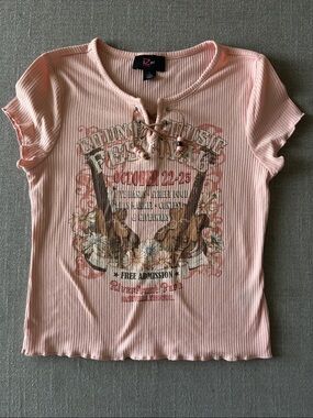 iZ Girl Pink Ribbed Beaded Lace Up Front Country Music Festival Shirt Size L 14